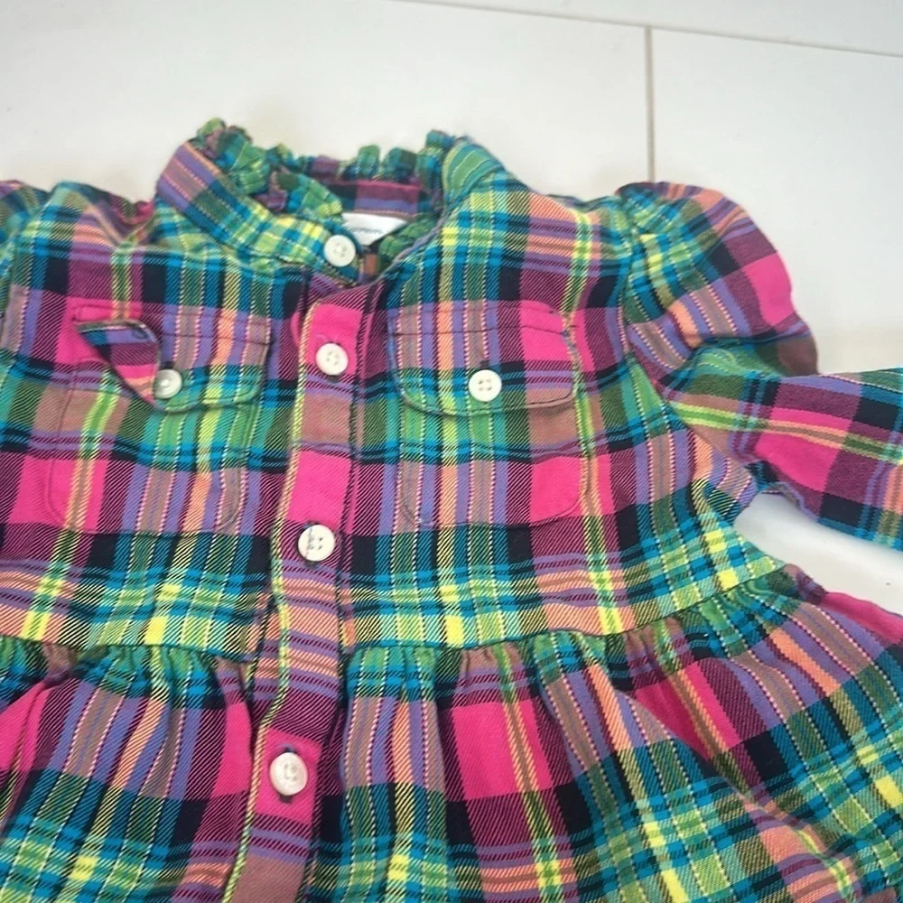 Ralph Lauren Dress Baby Girls Size 12m Pink Mixed Plaid Button Down Mock Neck